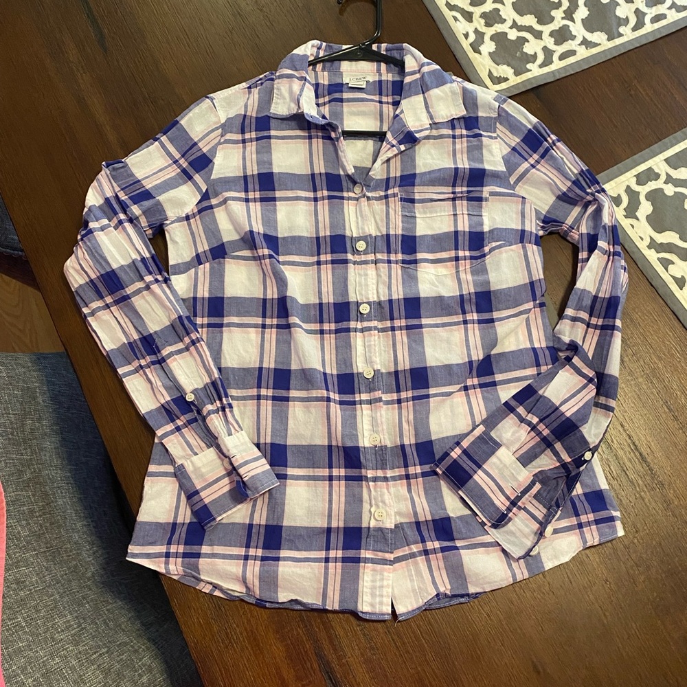 J.Crew button down pink and blue plaid shirt